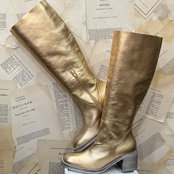 Free People Essential Tall Boot Inside Zipper Gold Metallic Leather - Picture 7 of 11